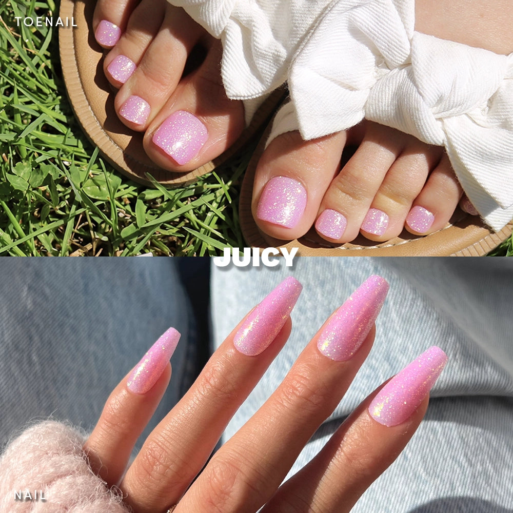 Close-up of Juicy Mani & Pedi by glamnetic: glittery pink toenails in sandals on grass (top) and matching long, pink fingernails in sunlight (bottom). "JUICY" centered with TOENAIL and NAIL labels—showcasing a coordinated set.