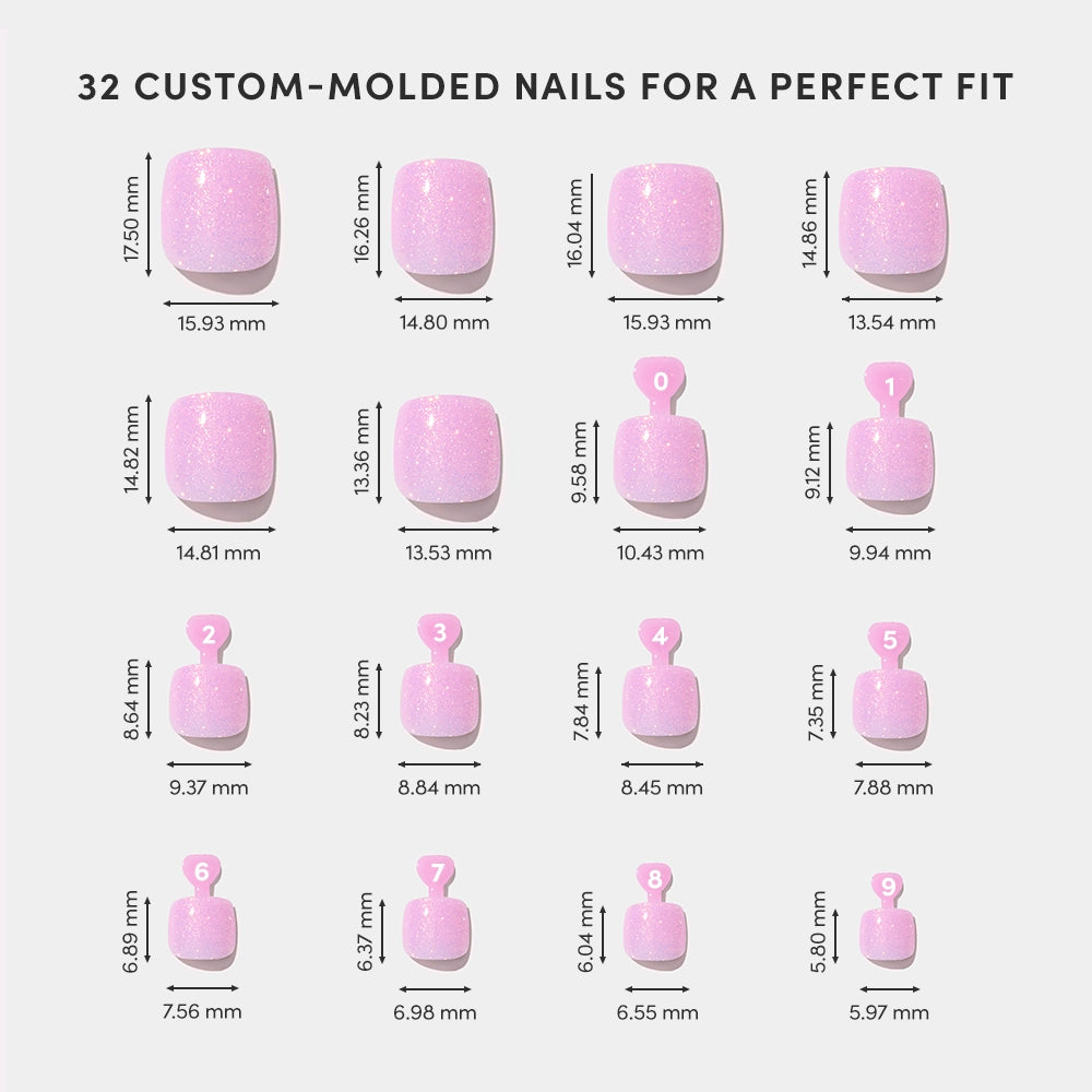 A chart displays 16 sizes of glamnetic Juicy Toenail in pink glitter, with width and height in mm. The vegan, cruelty-free toenails are shown in four numbered rows. - Product image