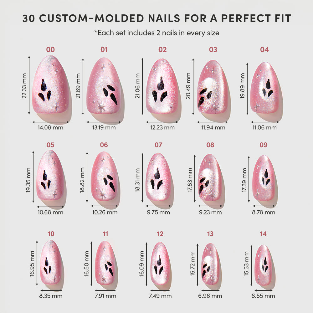 A set of 15 pairs of Just A Ghoul pink, short almond press-on nails by glamnetic, featuring custom-molded fit, bold black leaf designs, and a luxe velvet finish. Each nail is meticulously arranged by size with its precise width and length measurements displayed underneath. - Product image