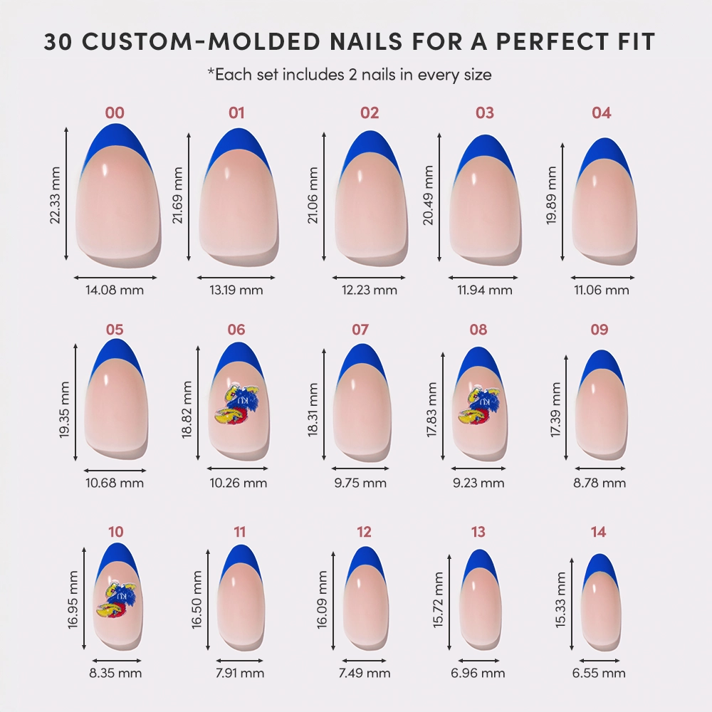 Diagram displays 15 sizes of the Kansas Jayhawks Press-On Nail Set by glamnetic, labeled 00–14 with width and length in millimeters. Each beige nail features a blue tip; three have Jayhawks designs. Set includes two nails per size. - Product image