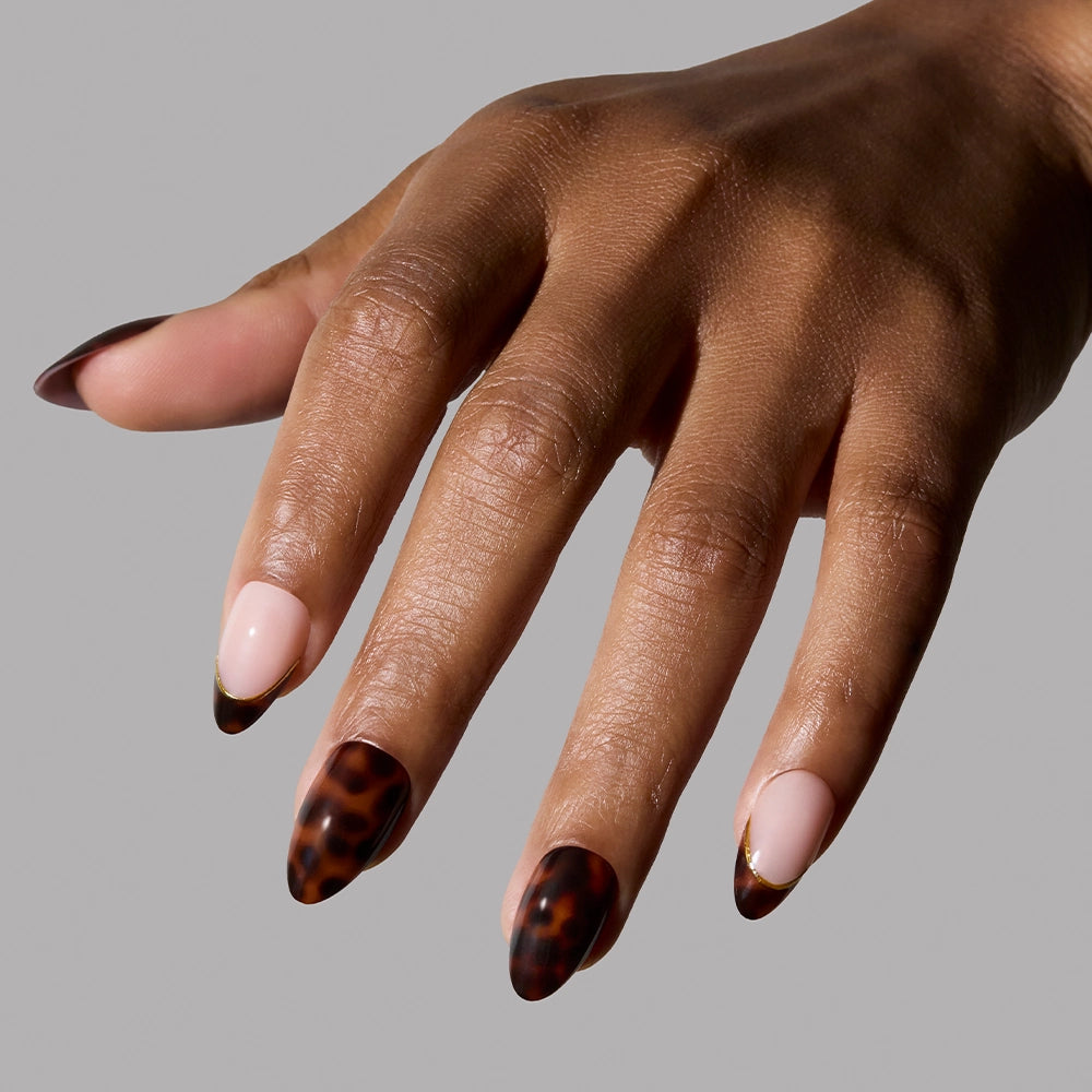 A close-up of a hand with almond-shaped press-on nails featuring a mix of glossy tortoiseshell pattern and nude base with a tortoiseshell French tip accented by a thin gold line.

 - Product image
