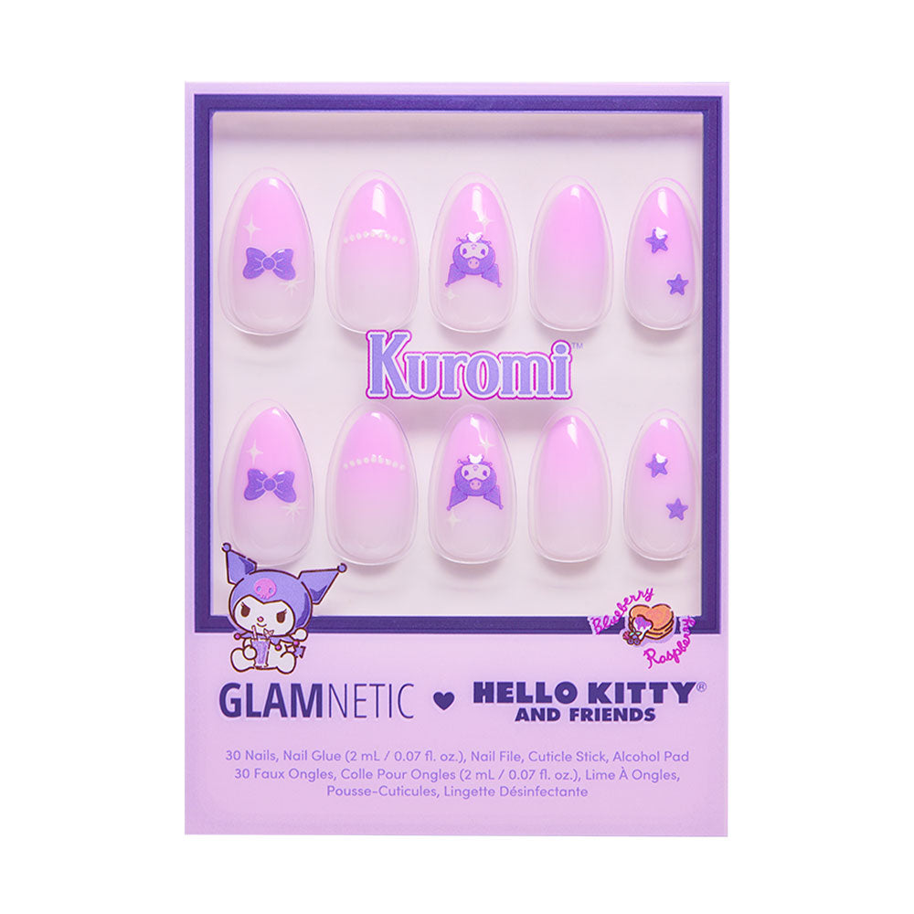 The glamnetic Kuromi™ vegan & cruelty-free nail set features pink and white gradient press-ons with 3D accents—Kuromi, bows, and stars—in a purple box branded GLAMNETIC ♥ HELLO KITTY AND FRIENDS.
