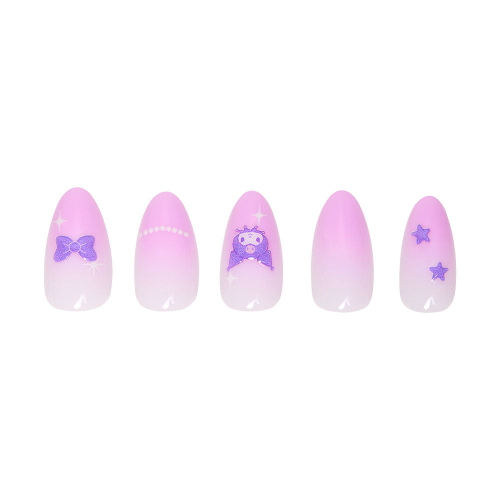 The Kuromi™ Nail Set by glamnetic features five vegan, cruelty-free artificial nails in a soft pink to white ombré with purple 3D accents: a bow, pearl line, crowned bear, and stars. - Product image