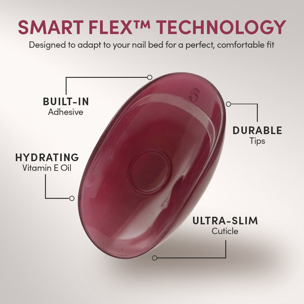A labeled image showcases glamnetic's Lime Beam maroon press-on nail tip, featuring built-in adhesive, hydrating vitamin E oil, durable tips, an ultra-slim cuticle, and “SMART FLEX™ TECHNOLOGY” at the top. - Product image