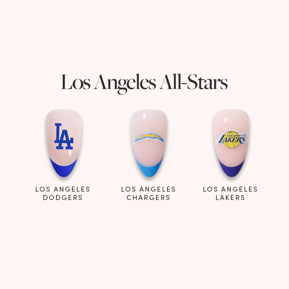 Glamnetic’s Los Angeles All-Stars features three press-on nails with Dodgers, Chargers, and Lakers logos, team colors, and names—ideal for fans who love LA sports-inspired nail art.
