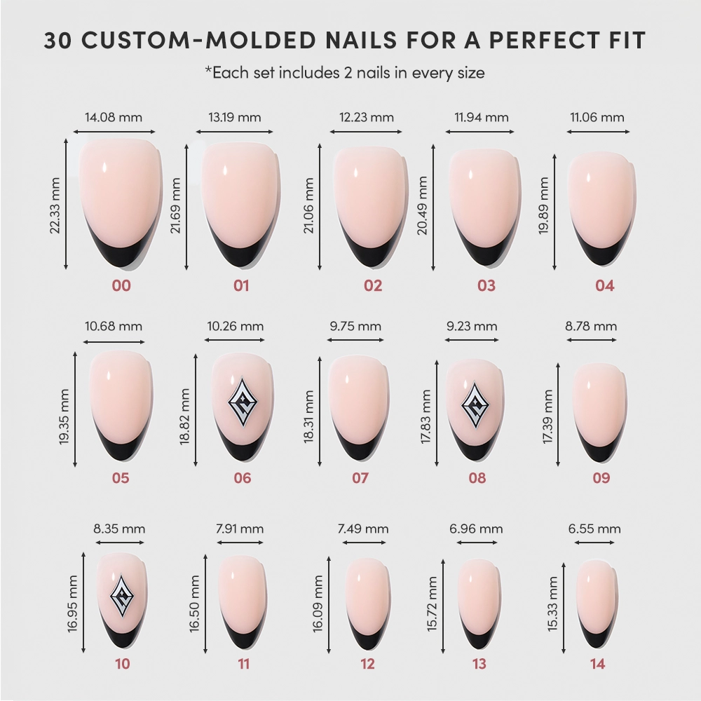 The Las Vegas Aces Press-On Nail Set by glamnetic shows 15 sizes of custom-molded pink nails with black tips—some with a black diamond design—for a salon look. Each is numbered and sized. Text above: 30 custom-molded nails for a perfect fit. - Product image