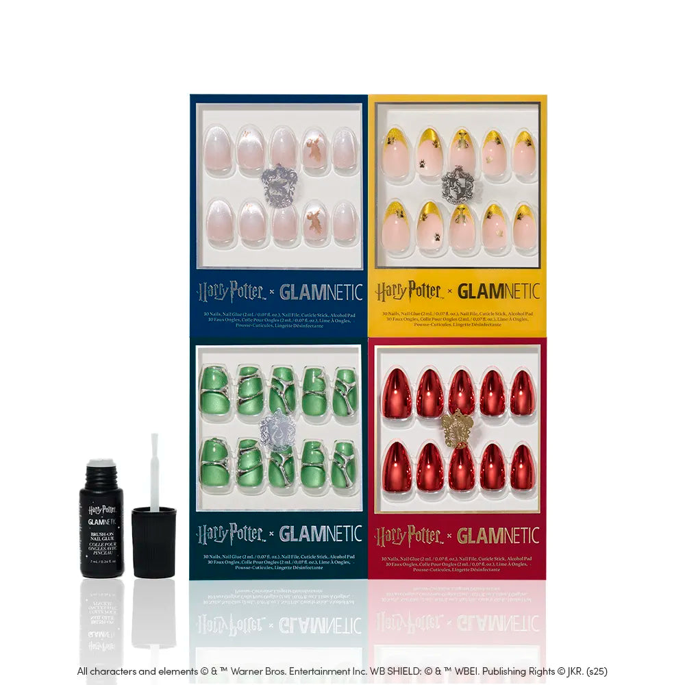 Four sets of the glamnetic Legacy Legends nail set in blue, yellow, green, and red boxes are displayed above a glamnetic nail glue bottle—perfect for creating house-inspired nails with this magical collection. - Product image