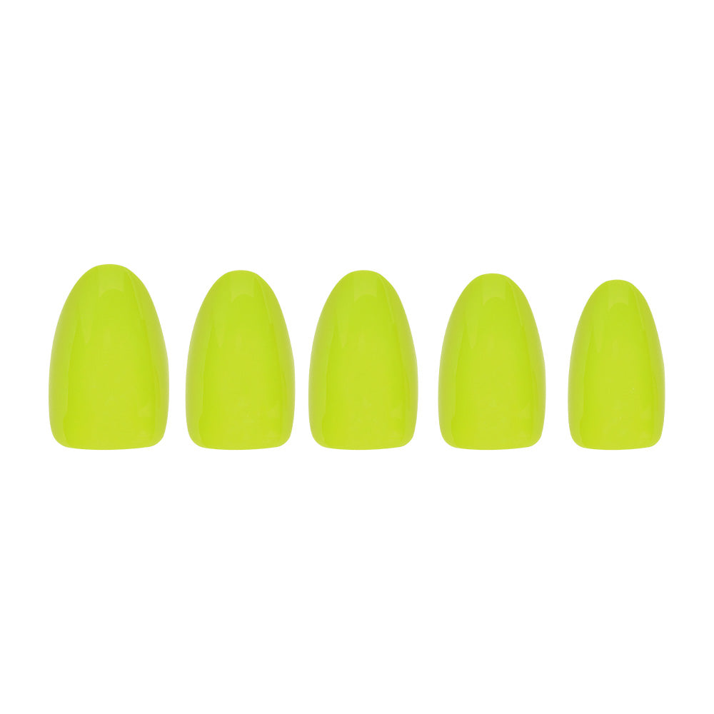 Five glamnetic Lime Green artificial short oval nails, each with a glossy finish, are arranged in a row on a white background. - Product image