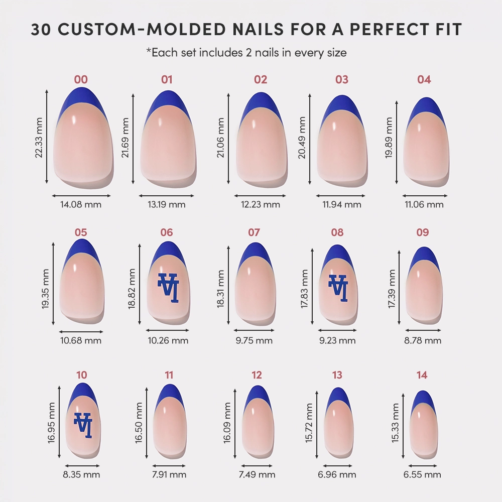 The Los Angeles Dodgers Press-On Nail Set by glamnetic includes 15 custom-molded sizes, each with length and width in millimeters. Top halves are blue, some show the VT logo—perfect for Dodgers fans seeking ready-to-wear team nails. - Product image