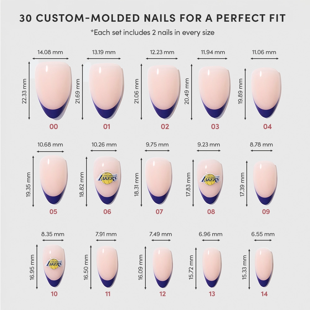 A chart displays 15 sizes of glamnetic Los Angeles Lakers Press-On Nail Set, each labeled by size (00–14) with exact length and width. Some nails feature French tip almond or the official Lakers press-on design. - Product image