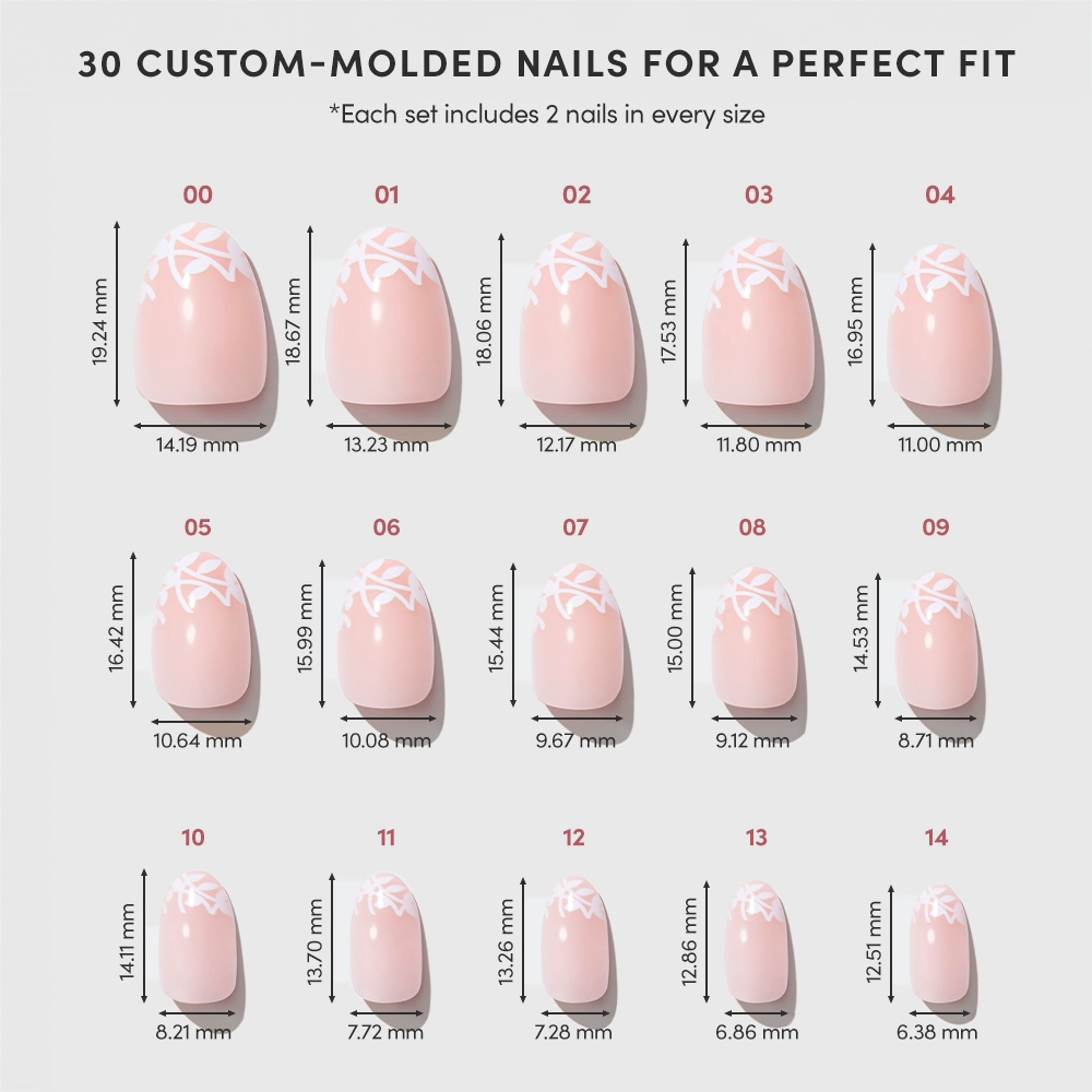 A chart shows 15 sizes of glamnetic Love Preserved nails, each labeled with length and width in mm. Arranged in rows, these pink nails have a white leaf design. Each set includes 30 custom-molded soft-romance nails. - Product image