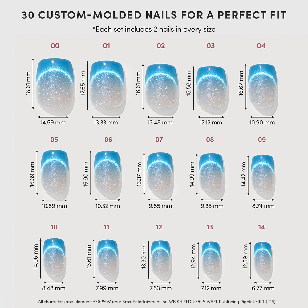 A glamnetic Lumos chart shows 30 custom-molded velvet blue gradient nails in graduated sizes, each labeled by width in millimeters and arranged in three rows—perfect fit for every nail. - Product image