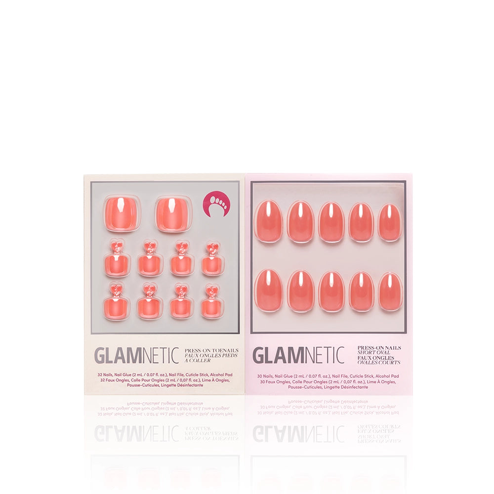 Two boxes of glamnetic Lush Coral Mani & Pedi press-on nails are displayed on a white background. The left shows square glazed nails with bows, while the right features oval-shaped press-ons. Both sets look chic and ready to wear. - Product image