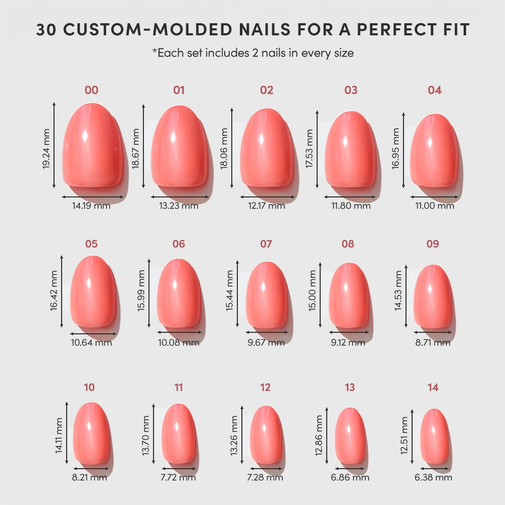 A chart shows 15 sizes of Lush Coral custom-molded, pink vegan cruelty-free nails by glamnetic, each labeled with a number and its width and length (mm). Above, text reads: 30 custom-molded nails for a perfect fit. - Product image