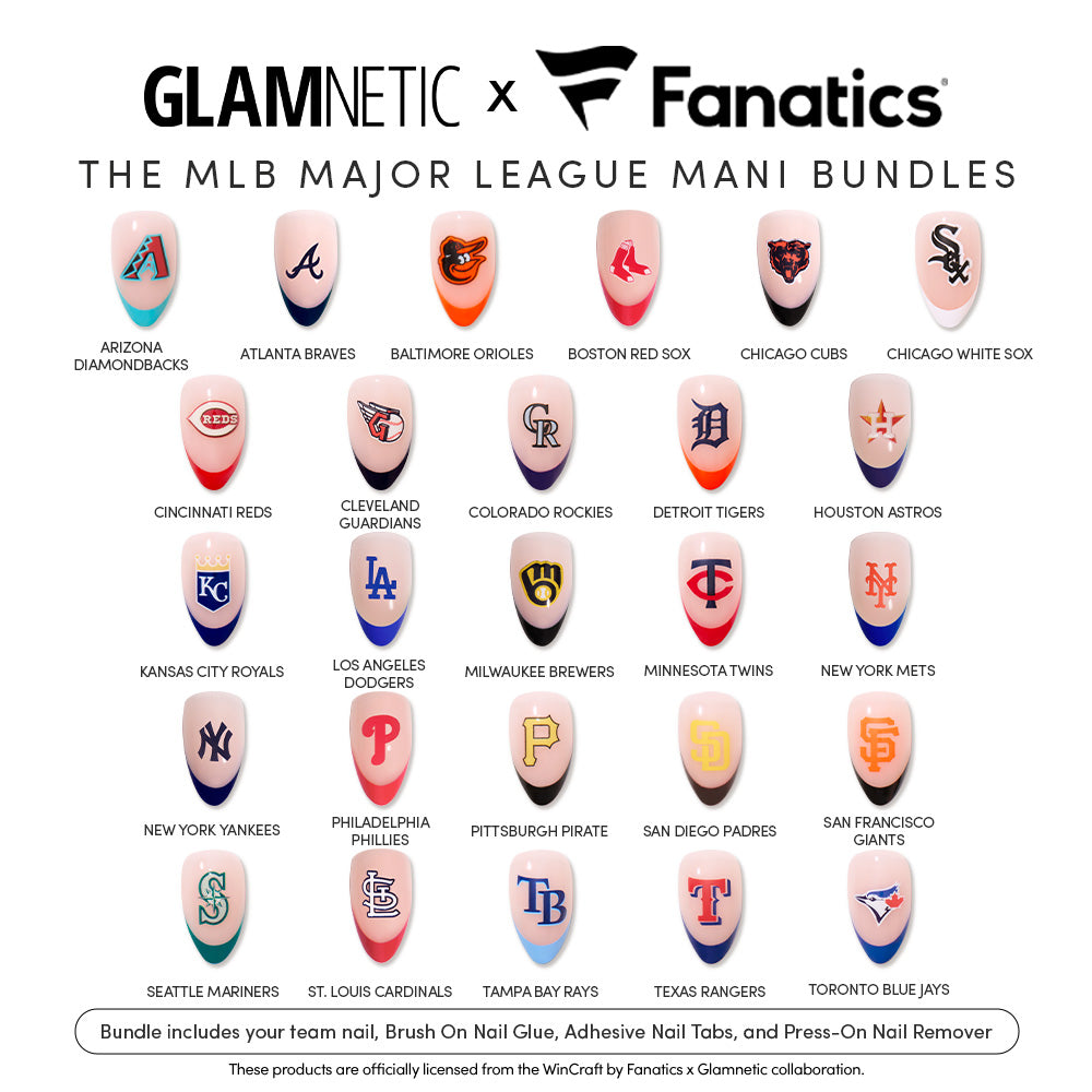 A set of MLB Major League Mani Bundles press-on nails from glamnetic, each displaying a unique MLB team logo, neatly arranged in rows on a white surface with glamnetic and Fanatics logos at the top and product details listed underneath. - Product image