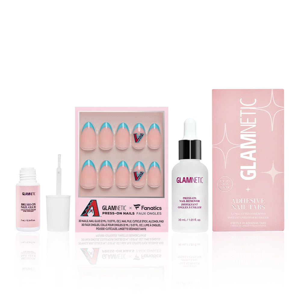 The Arizona Diamondbacks Major League Mani by glamnetic features press-on nails, adhesive liquid, a Glamnetic dropper bottle, and a pink Adhesive Nail Tabs box—everything you need for the perfect game day manicure.
