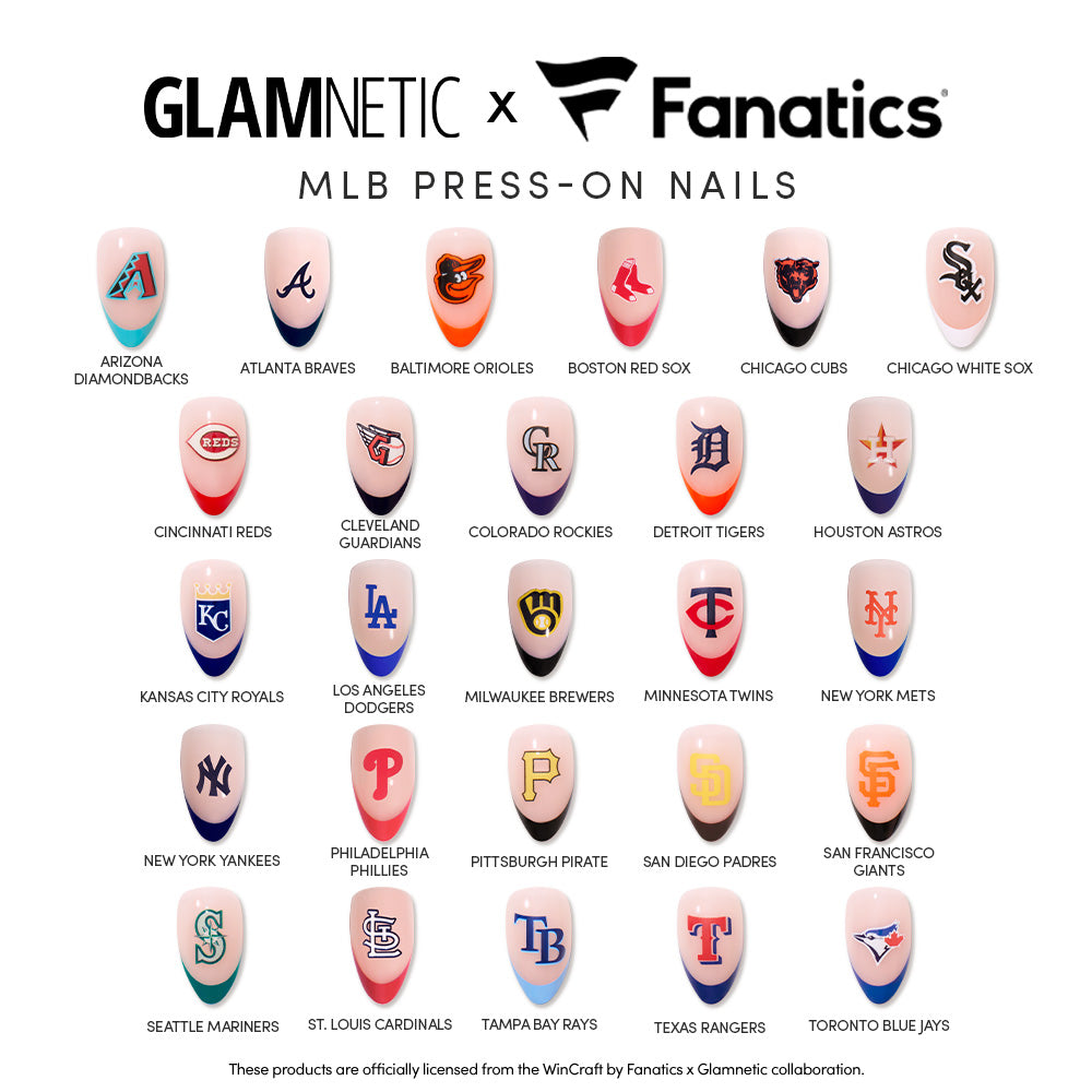 A set of glamnetic MLB Press-On Nails, each showcasing the unique logo and colors of various Major League Baseball teams, arranged in a grid and labeled “glamnetic MLB Press-On Nails.”.