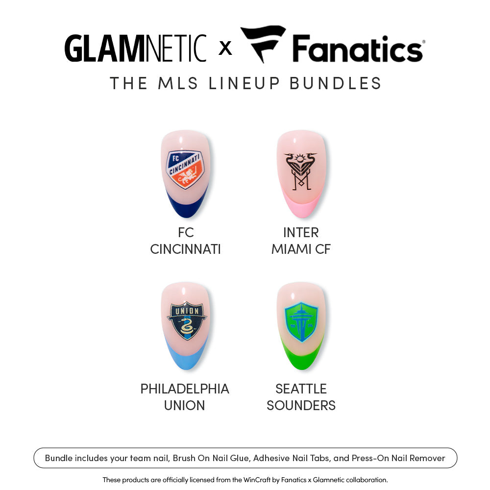 Four artificial nails from the glamnetic The MLS Lineup Bundles each feature an MLS team logo—FC Cincinnati, Inter Miami CF, Philadelphia Union, and Seattle Sounders—with Glamnetic x Fanatics branding and product details displayed above and below the nails. - Product image