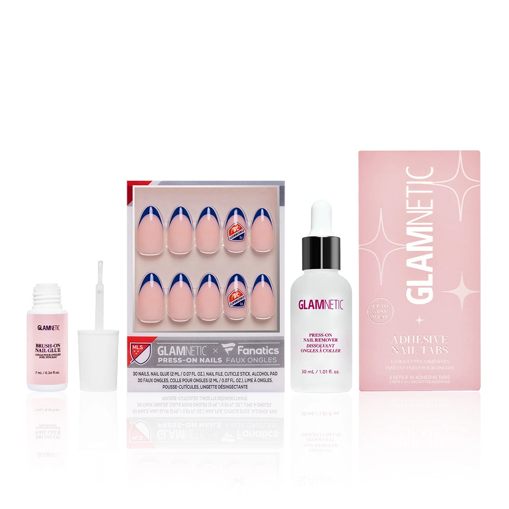 The FC Cincinnati Lineup by glamnetic features press-on nails with adhesive tabs, nail glue, and cuticle oil—all in pink and white packaging, perfect for flaunting your game day look.