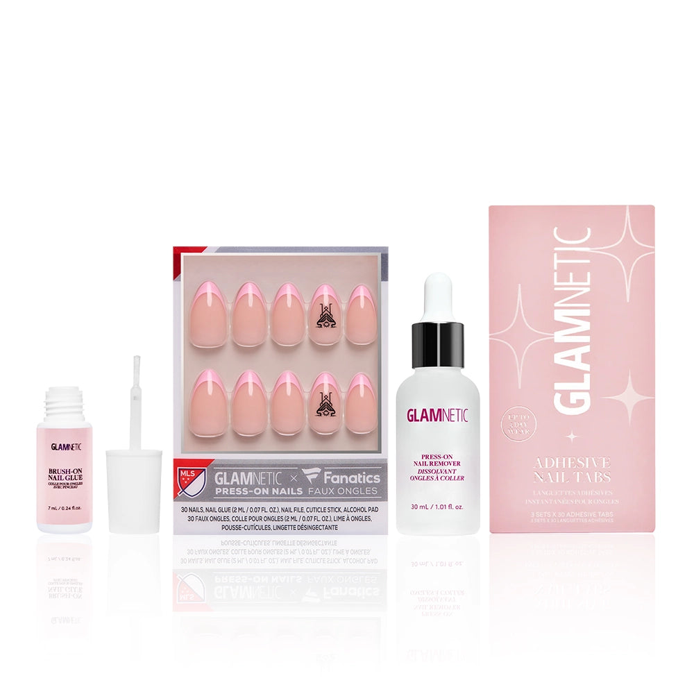 The Inter Miami CF Lineup by glamnetic is an officially licensed fan nail bundle featuring press-on nails, nail glue with applicator, a glue dropper bottle, and a pink “Adhesive Nail Tabs” box—all neatly boxed upright.