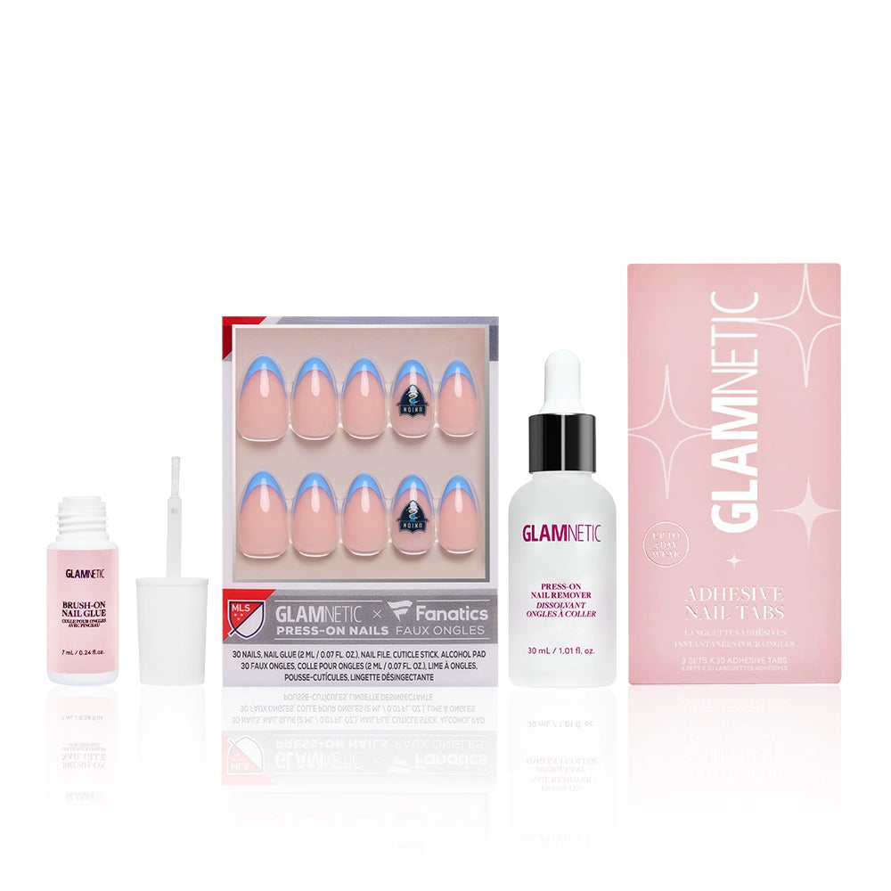 Get game day ready with The Philadelphia Union Lineup by glamnetic: officially licensed press-on nails with pink and blue French tips, plus nail glue, cuticle oil, and adhesive tabs—all you need for the perfect manicure!.