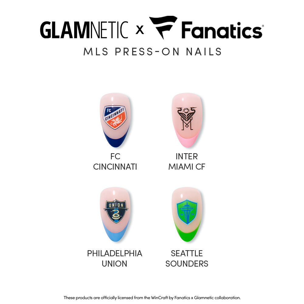 Four artificial nails display MLS team logos—FC Cincinnati, Inter Miami CF, Philadelphia Union, and Seattle Sounders—showcasing the glamnetic MLS Press-On Nails collection. - Product image