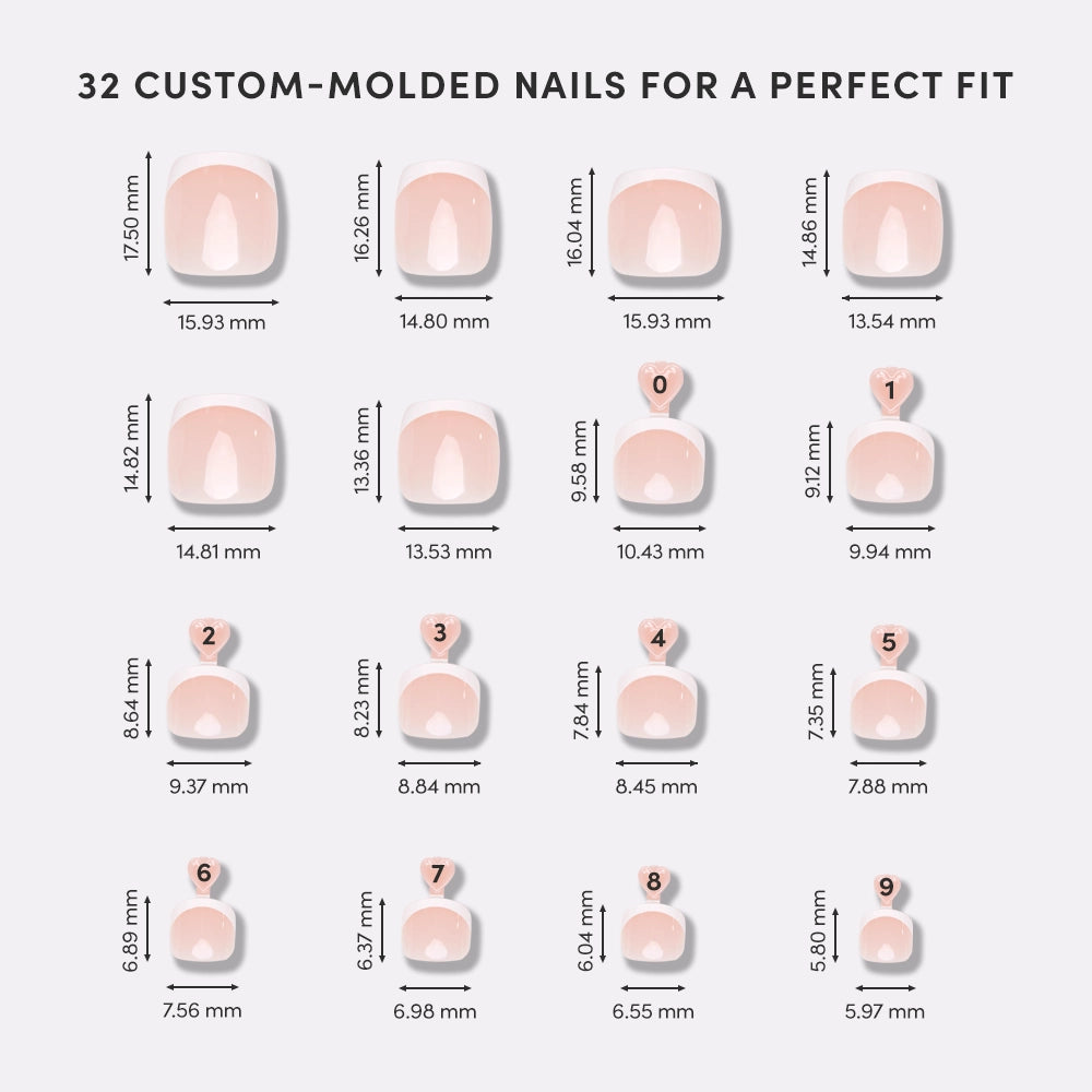 Illustration of 32 custom-molded nails with measurements on a white background - Product image
