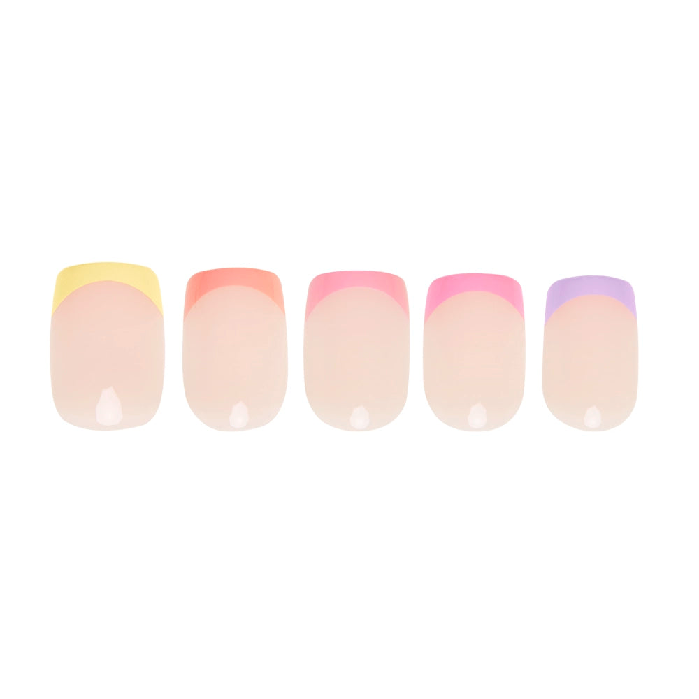 Five “Macarons” press-on nails by glamnetic, featuring a nude base and pastel French tips in yellow, orange, red, pink, and purple, are displayed side by side against a white background. - Product image