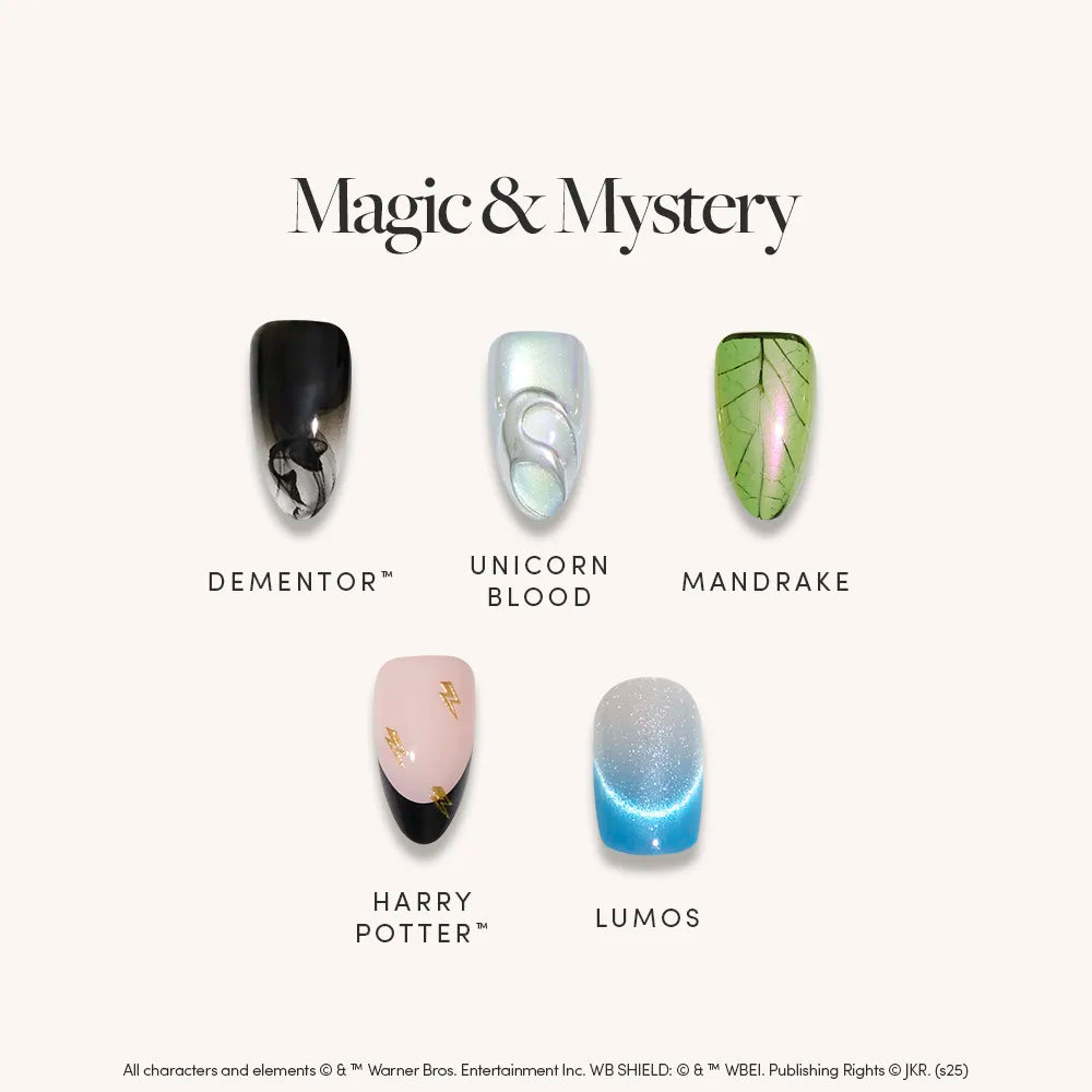 Discover Magic &amp; Mystery by glamnetic: six enchanting Harry Potter-inspired nails—Dementor black and silver, Unicorn Blood shimmer, Mandrake green, pink with gold lightning bolts, Lumos blue-white ombré—perfect for any wizarding manicure.