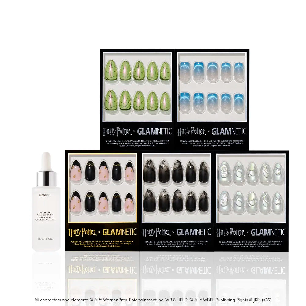 Six boxes of glamnetic's Magic & Mystery nails, featuring wizarding designs, are arranged in two rows. On the left, an upright "glamnetic" dropper bottle complements your custom magical manicure—all set against a clean white background. - Product image