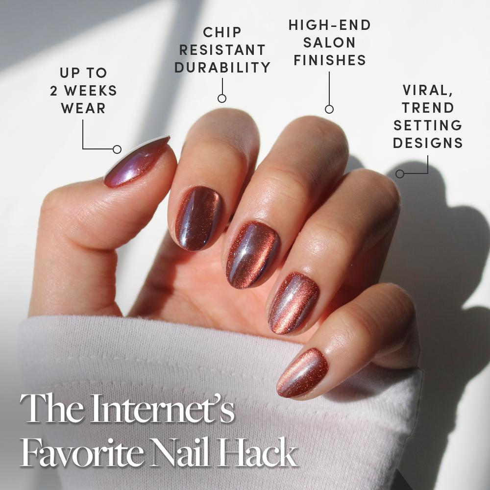A hand with shiny, metallic brown press-on nails in Magnetic Moscow by glamnetic showcases a flawless manicure. Text highlights up to 2 weeks of wear, chip resistance, salon-quality finish, and trendy designs. Bottom text reads: The Internet’s Favorite Nail Hack. - Product image