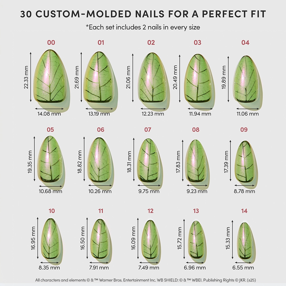 A chart displays 30 green, leaf-patterned glamnetic Mandrake nails, custom-molded and arranged in rows and columns, each labeled with length and width measurements in millimeters. - Product image