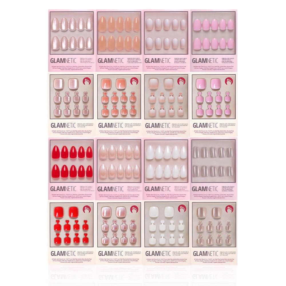 Sixteen packages of glamnetic’s Mani-Pedi Faves press-on nails in assorted colors and shapes, displayed in four rows and four columns—a chic collection for easy, salon-quality manicures. - Product image