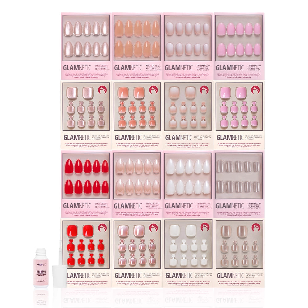 Sixteen boxes of glamnetic Mani-Pedi Faves press-on nails in assorted colors and shapes are displayed in a grid, with nail glue at the bottom left. This set offers an easy, stylish at-home manicure and pedicure solution. - Product image