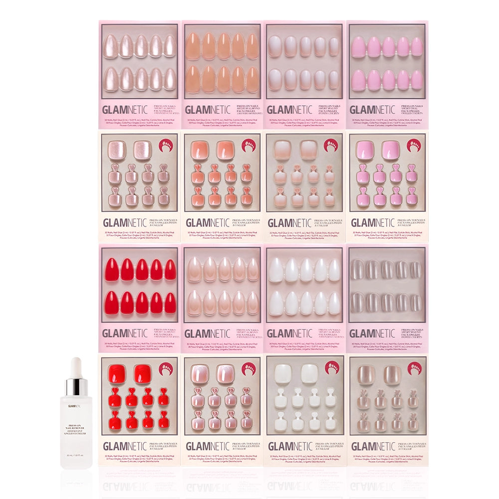 Sixteen sets of glamnetic's Mani-Pedi Faves press-on nails in assorted colors and shapes are arranged in a grid, highlighting options for any style. A dropper bottle of adhesive sits at the bottom left, ideal for your custom nail and toenail set. - Product image