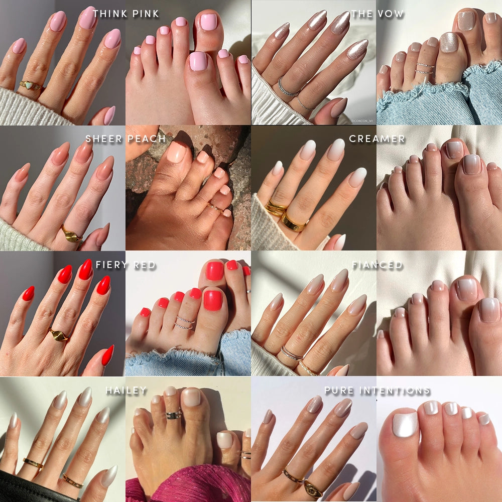 A grid of manicured hands and pedicured feet displays glamnetic Mani-Pedi Faves in shades like pink, nude, red, and white. Each set is shown to inspire your next look.