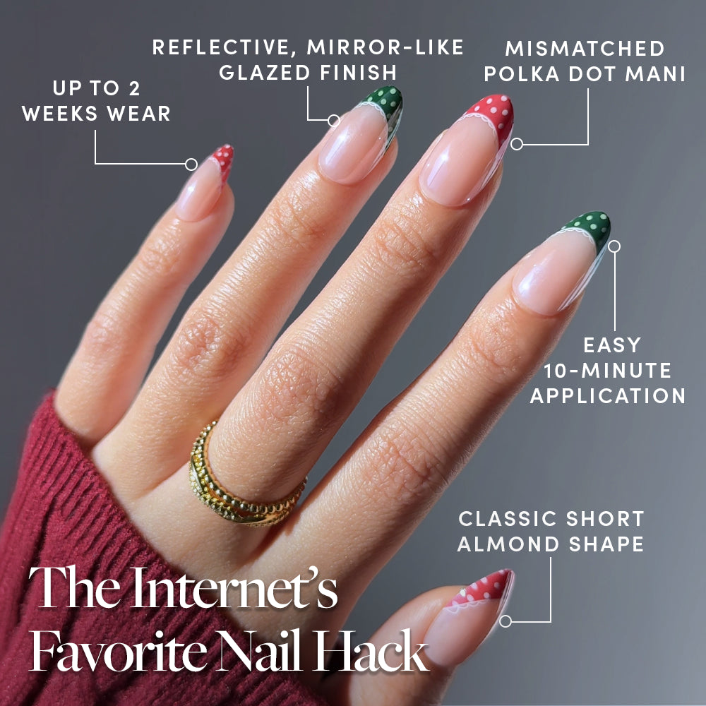 Matching PJs short almond press-on nails with red and green polka-dot French tips, glazed finish, two-week wear, 10-minute application, and the text, The Internets Favorite Nail Hack. - Product image