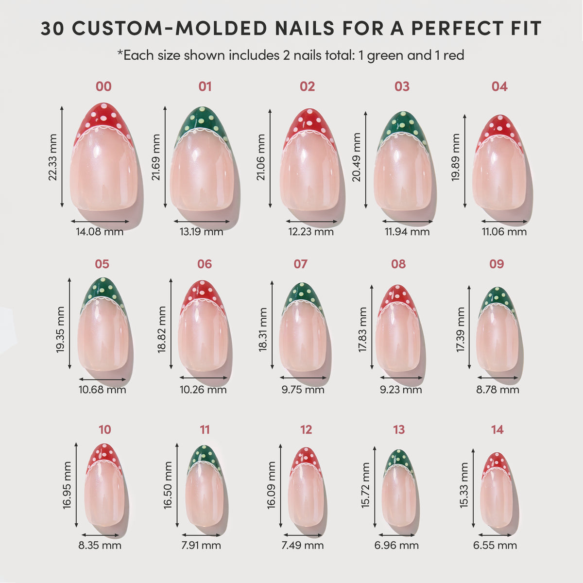 A size chart for Matching PJs short almond press-on nails by glamnetic, displaying 15 pairs with green or red polka-dot tips and white trim, labeled with size numbers and height and width measurements in millimeters. - Product image