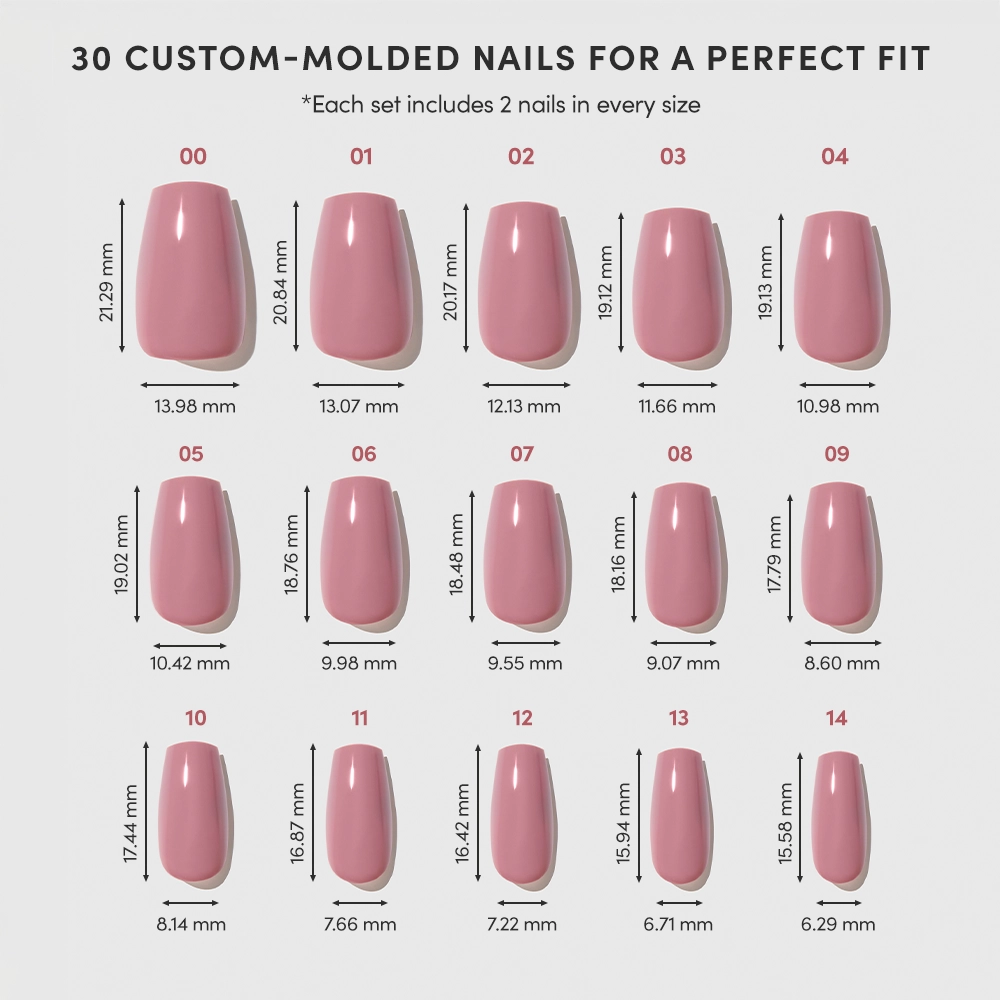 A chart shows 15 sizes of glamnetic Mauve Affair press-on nails, all medium coffin with a glossy finish. Each nail is labeled by number with width and length in millimeters; every set contains two of each size. - Product image