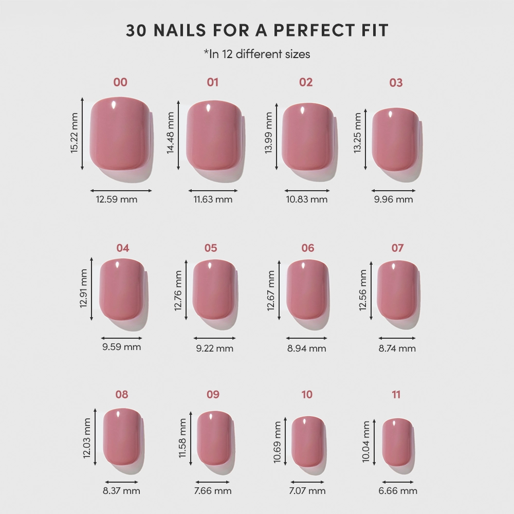A chart displaying 12 glossy round Mauve Cutie nails by glamnetic, each labeled with a number, width, and height in millimeters. The super short nails are arranged in three rows and decrease in size from left to right. - Product image
