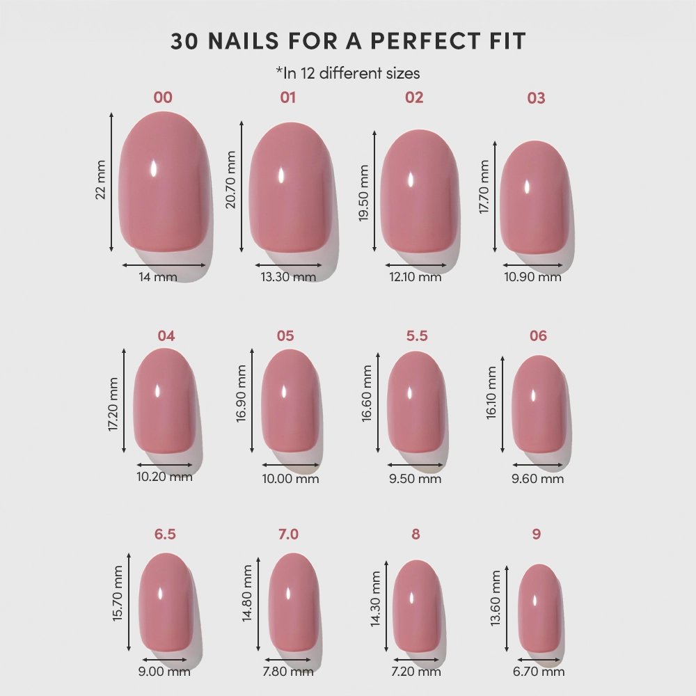 A chart shows 12 pink Mauve Mood Press-On Nail sizes, each labeled with a number and mm dimensions. Above, the text reads: glamnetic Mauve Mood: 30 vegan, cruelty-free nails in 12 salon-quality sizes for your perfect fit. - Product image