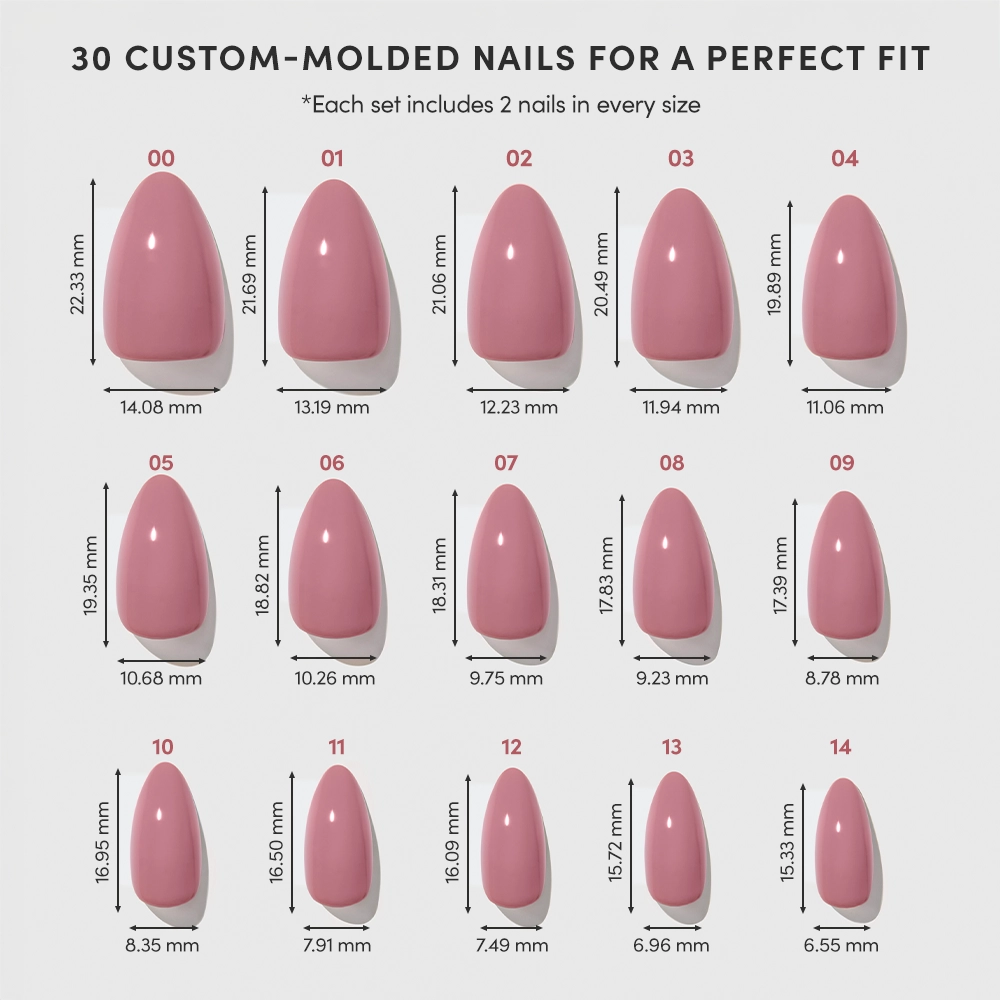 Chart of glamnetic’s Mauve Obsession glossy press-on nails in 15 sizes, each numbered and labeled with length and width, designed for the perfect fit on all nail shapes, including short almond nails. - Product image