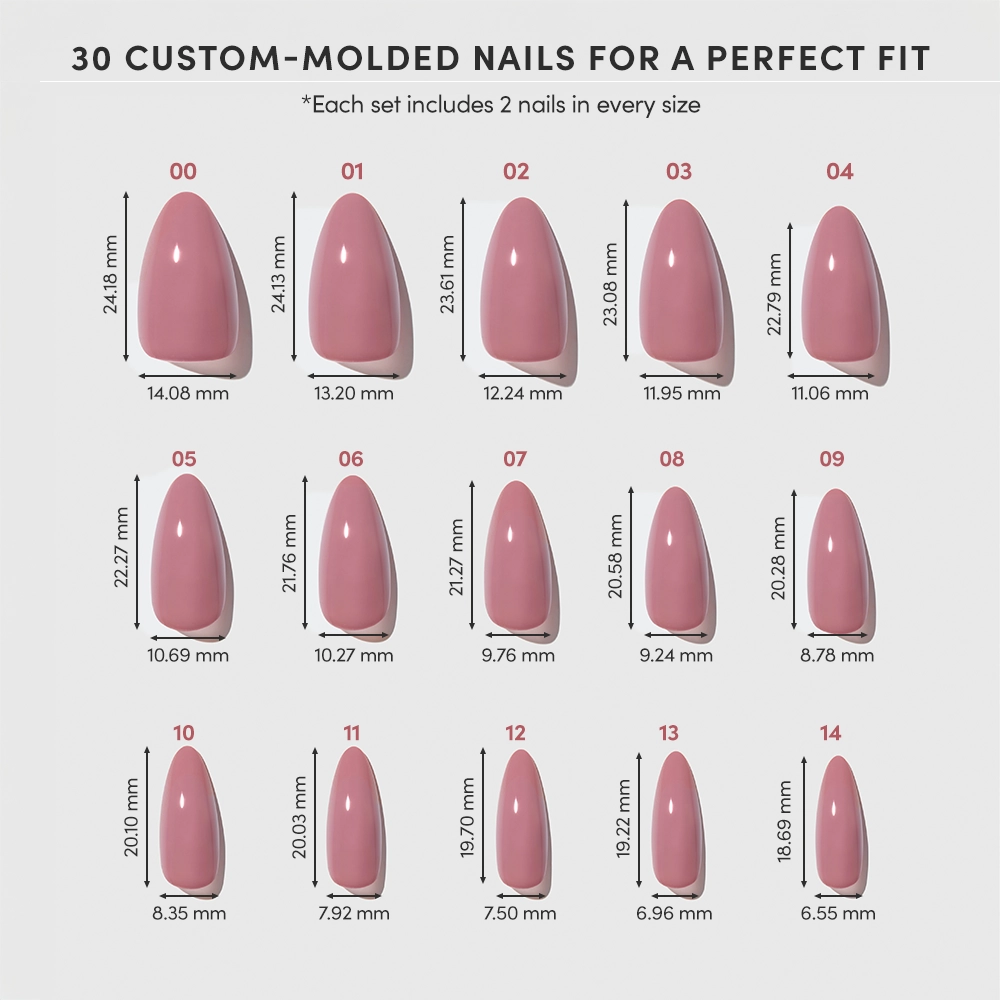 A chart displays 15 sizes of glamnetic Mauve Wife custom-molded almond nails in glossy pink, labeled 00 to 14, with detailed width and length measurements in millimeters for each nail. - Product image