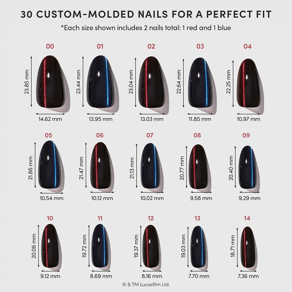 A chart displays 15 sizes of glamnetic’s “May The Force Be With You” press-on nails, each size featuring one red and one blue custom-molded nail with labeled width and length measurements in millimeters. Each set includes two nails per size—a nod to iconic lightsaber colors—making this STAR WARS-inspired collection perfect for fans seeking a bold look topped off with a sleek velvet finish. - Product image