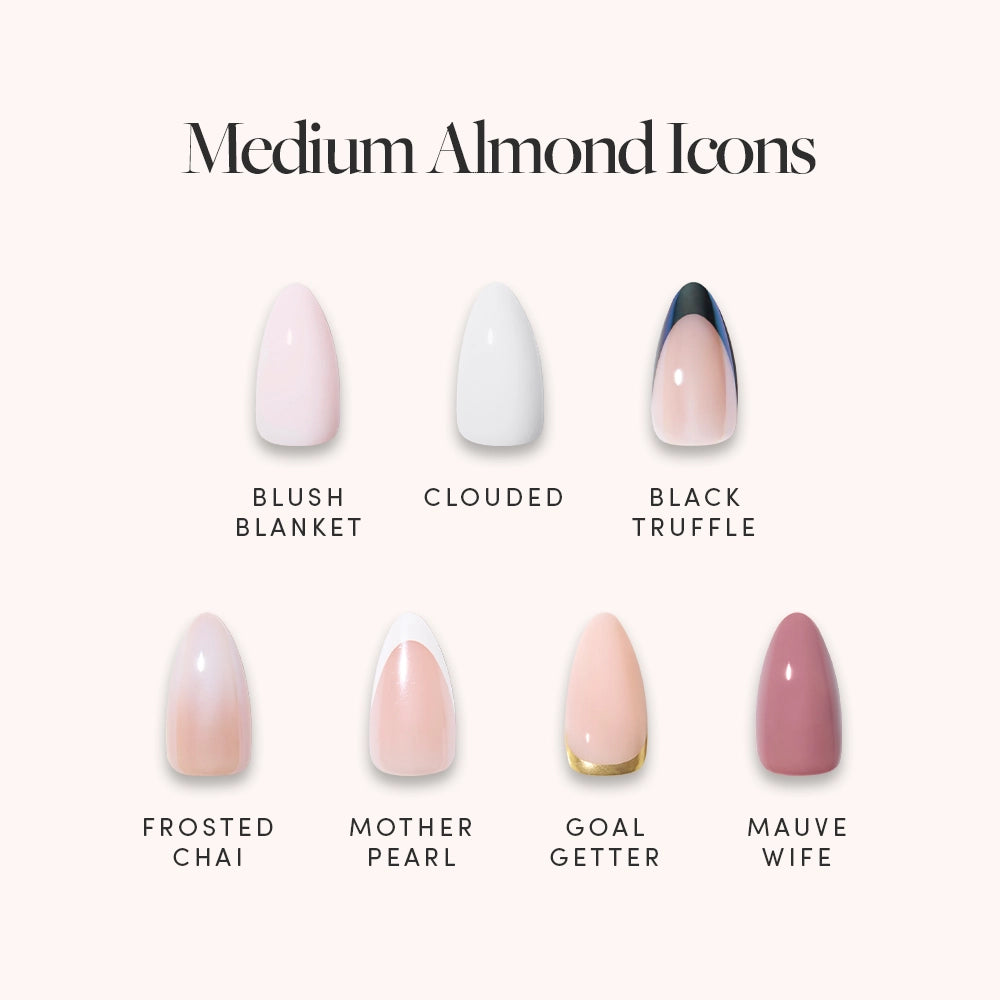 Seven Medium Almond Icons press-on nails by glamnetic are shown in two rows, each with a unique color and name. Get salon-quality nails at home with these stylish, easy-to-apply options.