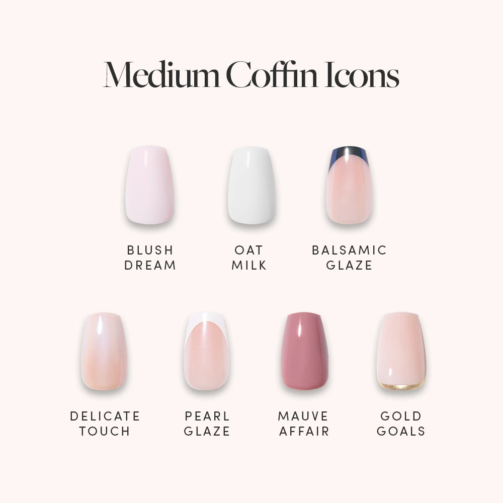 Explore six minimalist designs with glamnetic’s Medium Coffin Icons press-on nails, featuring Blush Dream, Oat Milk, Balsamic Glaze (modern French), Delicate Touch, Pearl Glaze, and Mauve Affair for a chic look.