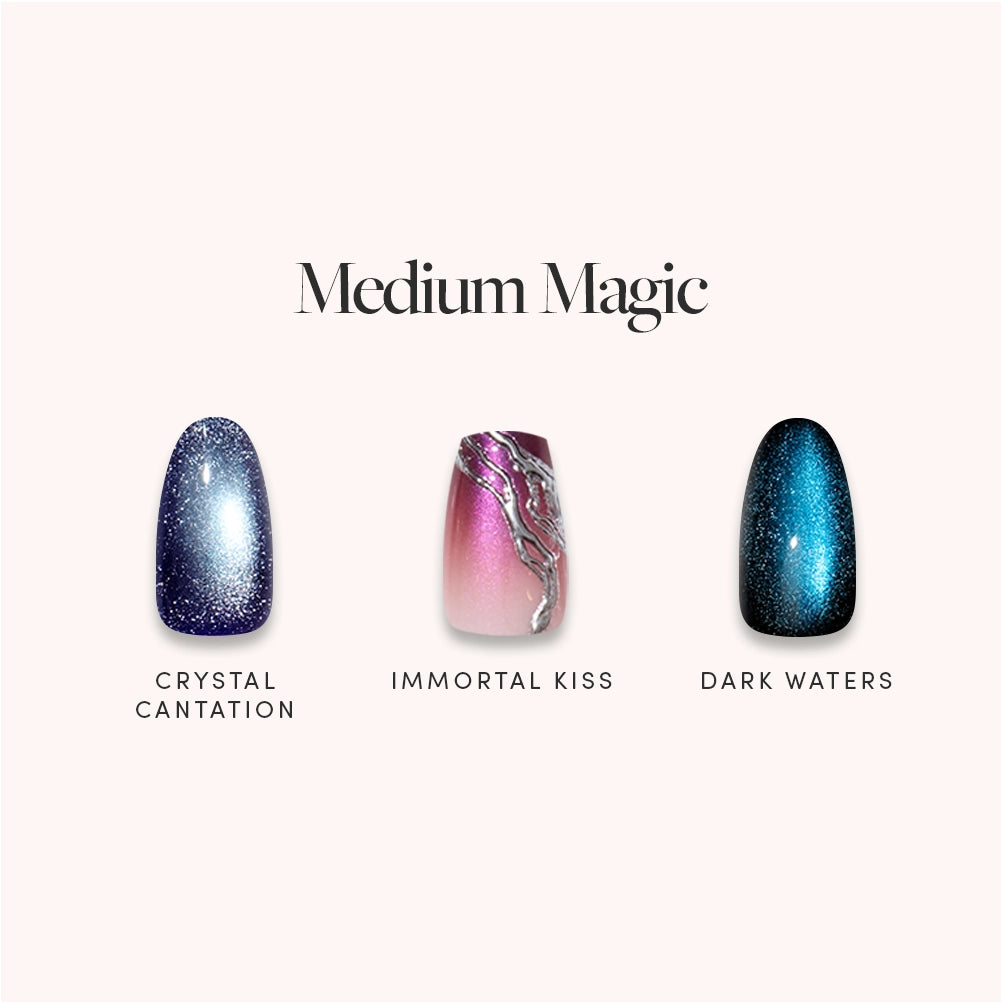 Three medium-length, oval-shaped glamnetic press-on nails are displayed: a sparkly purple called Crystal Cantation, a pink set with silver accents named Immortal Kiss, and a shimmery blue-black style known as Dark Waters. The text above reads “Medium Magic” by glamnetic—your solution for achieving salon-quality manicures at home.