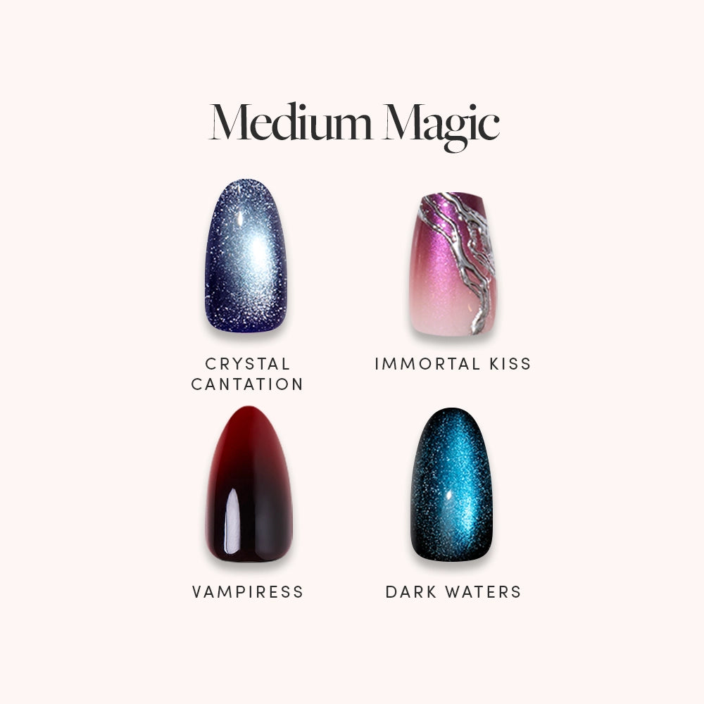 Introducing glamnetic’s Medium Magic: four salon-quality, medium-length press-on nail designs—Crystal Cantation (sparkly navy), Immortal Kiss (pink with metallic accents), Vampiress (deep red), and Dark Waters (sparkly teal). Each design features its name displayed below, making Medium Magic perfect for elevating your look, especially during spooky season.