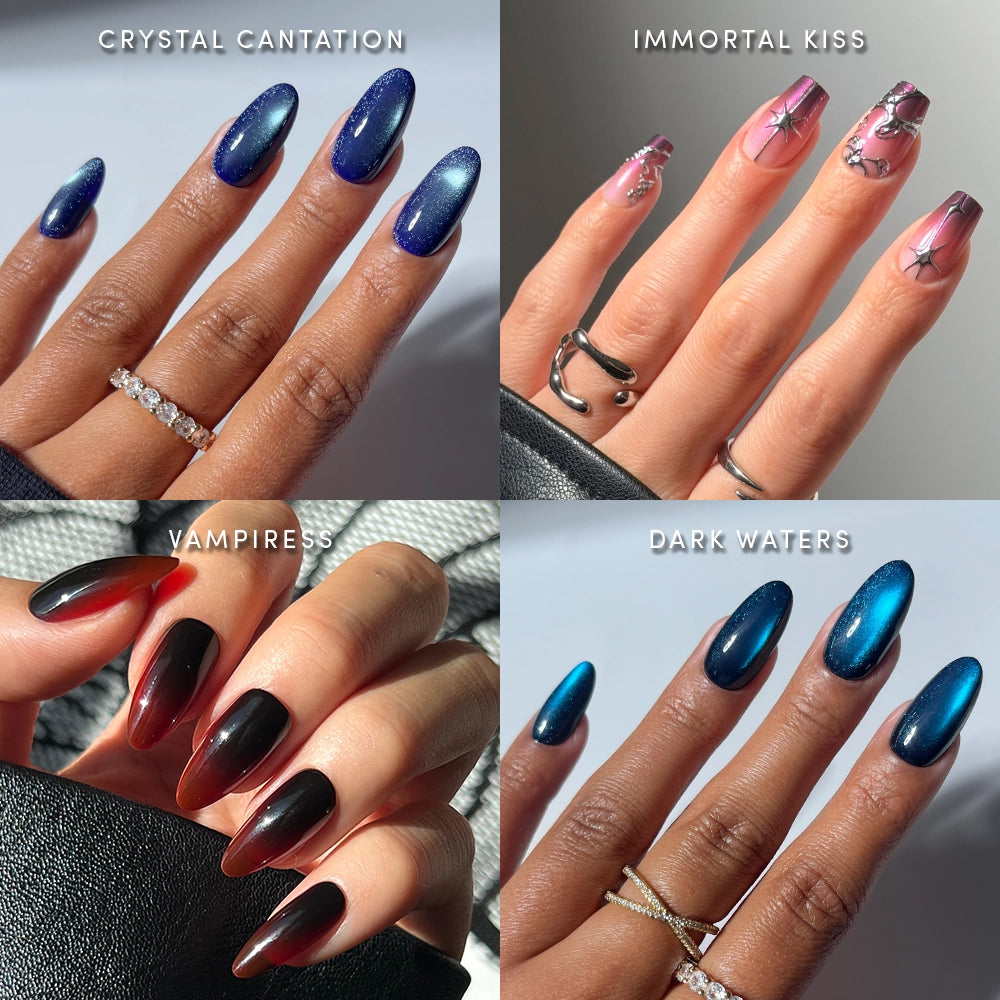 Four hands with manicured nails in different styles—Crystal Cantation (blue shimmer), Immortal Kiss (pink with black stars), Vampiress (black-to-red ombre), and Dark Waters (blue-to-black shimmer)—each hand adorned with rings. Medium Magic by glamnetic offers salon-quality, medium press-on nails that are perfect for adding a touch of glam to your look, especially during spooky season.
