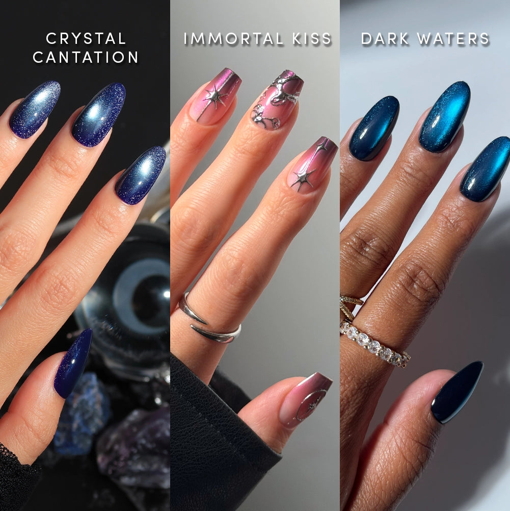 Three hands display salon-quality manicures: blue metallic press-on nails labeled Medium Magic from glamnetic, pink medium length nails with silver designs labeled Immortal Kiss, and deep blue ombré nails labeled Dark Waters, each paired with different jewelry.